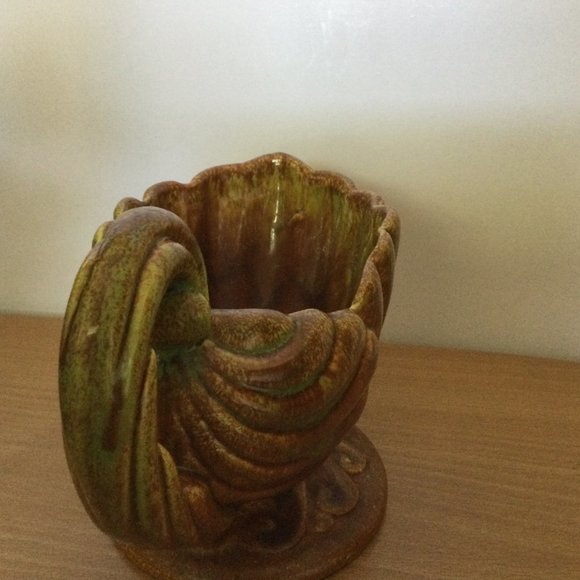 Vintage Haeger pottery USA green and brown cornucopia ceramic planter w handle - Picture 4 of 6